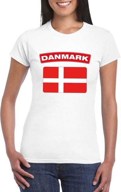 Vlag Denemarken t-shirt - wit - met vlag van het land print - voor dames - korte mouwen - supporters S