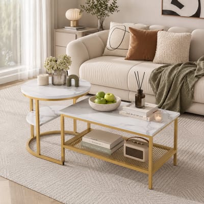 Salontafel Vierkante - Set van 2 - schuifbare bijzettafel - met 4 Niveaus - bijzettafelset voor woonkamer - Wit Marmerpatroon - Metalen frame - 80/52 cm - Goud