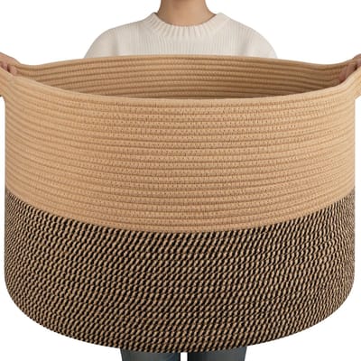 90L XXXL Dekenmand voor de Woonkamer – 55 X 35 CM Wasmand Van Gevlochten Katoentouw – Opbergmand met Handvat voor Speelgoed, Dekens en Wasgoed – Decoratieve Opbergmand (Zwartbruin en kaki)