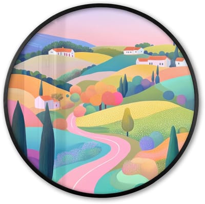 Poster in lijst Rond - Fotolijst 60x60 cm - Posters - Landschap - Paars - Pastel - Huizen - Ronde posterlijst zwart - Decoratie - Wanddecoratie woonkamer - Muurdecoratie slaapkamer