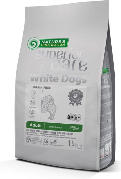 NATURE'S PROTECTION SUPERIOR CARE droog graanvrij voer voor volwassen honden van kleine rassen met witte vacht, insect 1,5kg.