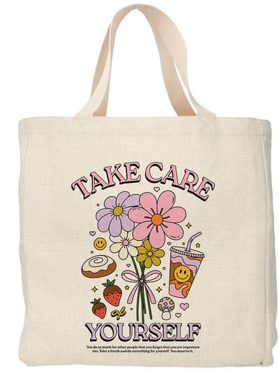 Creasowl® - Take care of yourself - Boodschappentas 38 x48 cm - Polylinnen- Mindset tas - Shopper - Canvas tas - Boodschappen tas - Totebag - Schoudertas - Draagtas - Positieve spreuk
