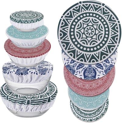 Dailygoods- Komhoezen 5 Stuks - Herbruikbare Katoenen Deksels - Rekbare Opberghoezen - Multicolour - Vintage Ontwerp - 5 Maten 10/15/20/25/30cm - Komdeksels