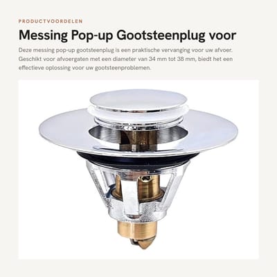 Dailygoods- Gootsteenplug Messing - Afvoerstop 34-38mm - Pop-up Stopper - Wastafelafvoer Plug - Verchroomd - Duurzaam Materiaal - Afvoerplug