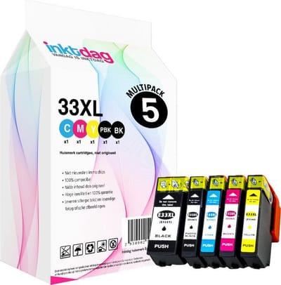 Inktdag inktcartridges voor Epson 33XL multipack van 5 kleuren , Epson 33xl inktcartridge, Epson 33xl multipack voor Epson Expression Premium XP-530, XP-540, XP-630, XP-635, XP-640, XP-645, XP-830, XP-900