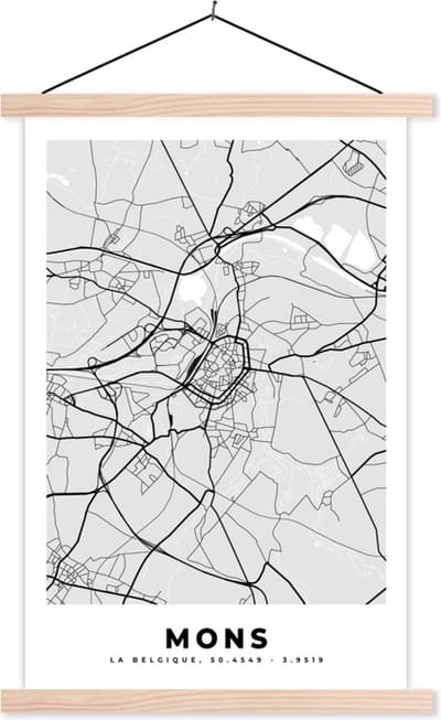 Posterhanger incl. Poster 40x60 cm - Schoolplaat - België – Mons – Stadskaart – Kaart – Zwart Wit – Plattegrond - Textielposter - Blanke latten - Stadskaart