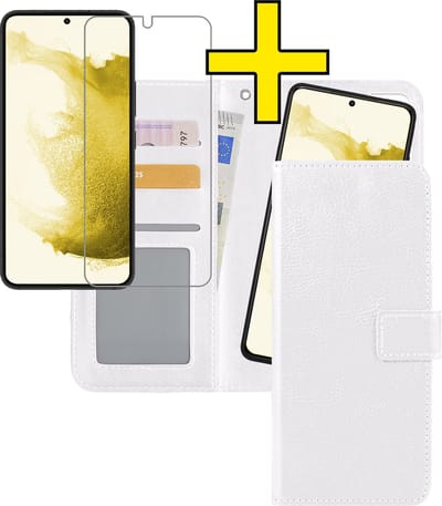 Hoesje - 2 in 1 - Geschikt voor Samsung Galaxy S22 - Met Screenprotector - En Uitneembare Hard Cover - Bookcase - Wallet Case - Met Pasjeshouder - Book Case - Uitneembaar - Pashouder - Kunstleer - Telefoonhoesjes - Wit