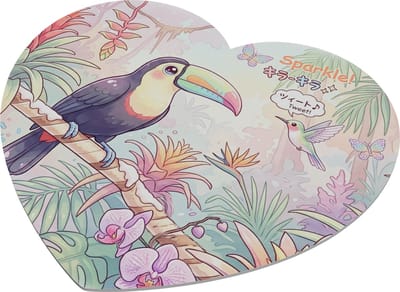 Kawaii Toekan en Kolibrie Muismat Hartvormig - Tropische Jungle Vogels met Pastel Bloemen en Vlinders - Schattig Anime Dieren Hartje Bureau Accessoire voor Werk of Gaming - Cadeau voor haar: Vriendin & Collega - Kawaii Series