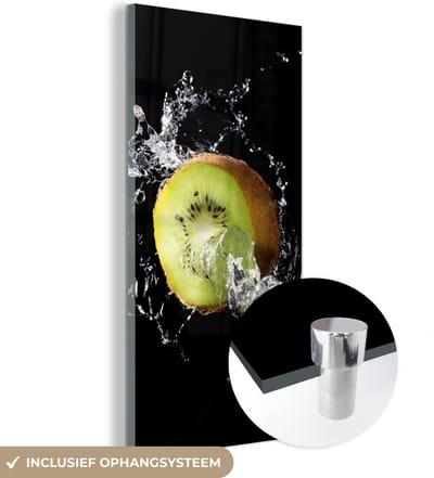 MuchoWow® Glasschilderij 60x120 cm - Schilderij acrylglas - Kiwi - Fruit - Stilleven - Water - Zwart - Foto op glas - Schilderijen