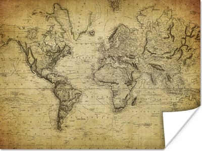 Poster - Wereldkaart - Vintage - Antiek - Bruin - Papier - 40x30 cm