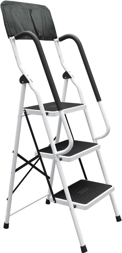 Famanu – Zware stalen 3-traps huishoudtrap met antislip en veiligheidsleuning