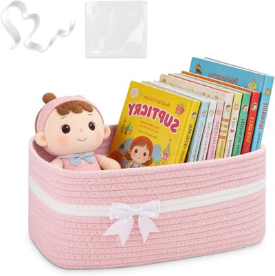 Gevlochten opbergmand met handgrepen, 34 x 15 x 25 cm, multifunctionele stoffen mand voor speelgoed, handdoeken en snacks in roze kleur