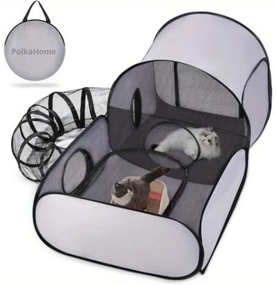 PolkaHome® kattentent buiten & binnen – Kattenhuis met kattentunnel, kattenbox & draagbare tent – Kattenspeelgoed & buitenhuis voor katten en kleine dieren