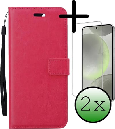 Hoesje Met 2x Screenprotector - Geschikt voor Samsung Galaxy S24 - Luxe Pasjeshouder - Bookcase Portemonee - Flip Case - Kunstleer Book Case - Flipcase Hoes - Book Cover - Walletcase - Portemonneehoes - Donkerroze