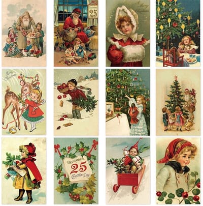 Dailygoods- Kerstwenskaarten 12 stuks - Vintage Ansichtkaarten - Antieke Kerstman Kaarten - Decoratieve Wenskaarten - Cadeauberichten - Afmetingen 10 x 15 cm - Kerstkaarten