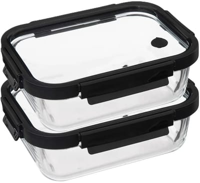 5Five Vershoudbakje met deksel - 2x - glas - luchtdicht - met clips - 23 x 18 x 8 cm - 1300 ml - zwart/transparant