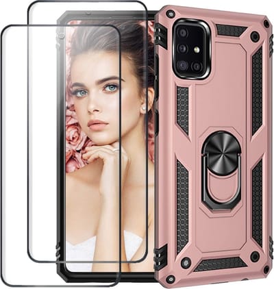 Telefoonhoesje Geschikt voor: Samsung Galaxy A41 hoesje Schokbestendige ring armor met 2X volledige schermdekking Screenprotector rose goud