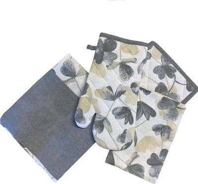 Bundel - Klavertje vier - Grijs - Beige - Schort - Theedoek - Ovenwant - Pannenlap