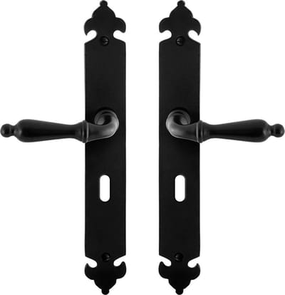 Deurkruk op schild - Smeedijzer zwart - Gietijzer - GPF - GPF6215.60 smeedijzer zwarte Deurklink Muki op lang BB56, 291x41x4mm