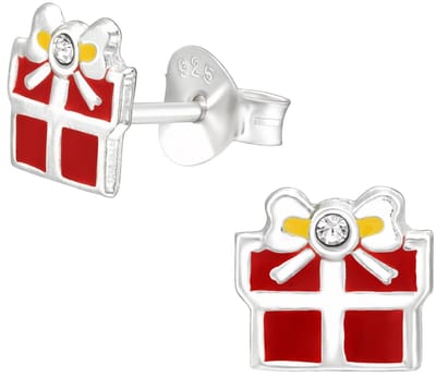 Joy|S - Zilveren cadeau oorbellen - 7 mm - rood met geel strikje - kristal - verjaardag - kado oorknoppen - kinderoorbellen