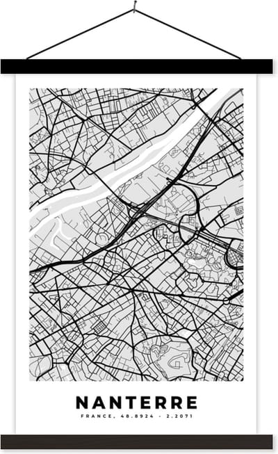 Posterhanger incl. Poster 40x60 cm - Schoolplaat - Kaart - Frankrijk - Stadskaart - Plattegrond - Nanterre - Textielposter - Zwarte latten - Stadskaart