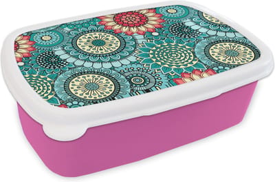 Broodtrommel Roze - Lunchbox - Brooddoos - Meisjes - Bloemen - Patronen - Girl - Kids - Kinderen - 18x12x6 cm - Kinderen - Meisje