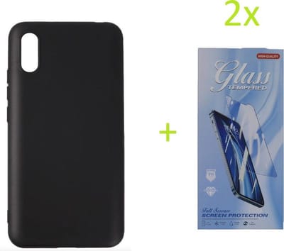 hoesje Geschikt voor: Xiaomi Redmi 9A / Xiaomi Redmi 9AT TPU Silicone rubberen + 2 Stuks Tempered screenprotector - zwart