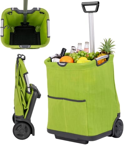 COSTWAY Boodschappentrolley inklapbaar, 50 liter, winkelwagen met 3 zakken en verstelbare handgreep, boodschappentas met wielen tot 35 kg belastbaar, groen