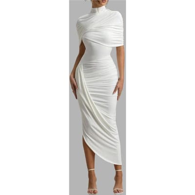 Nieuwe Elegante Elegante Slim Fit Geplooide Modieuze Sexy Backpacking en Hip-hop Dames Lange Jurk S wit