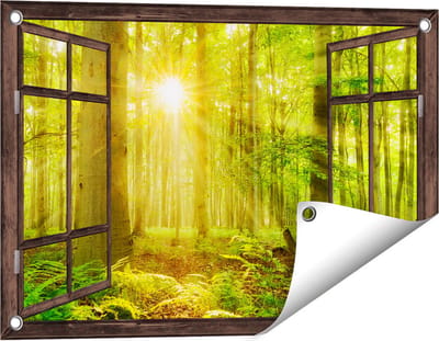 Gards Tuinposter Doorkijk Groen Bos met Schijnende Zonnestralen - 60x40 cm - Tuindoek - Tuindecoratie - Wanddecoratie buiten - Tuinschilderij
