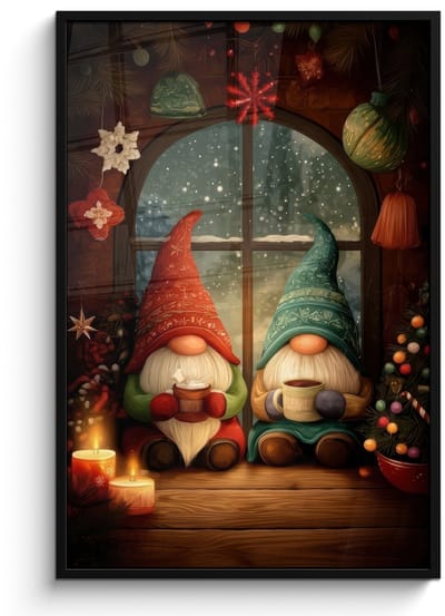 Poster in lijst - Fotolijst 80x120 cm - Posters - Gnooms - Kerst - Raam - Kleurrijk - Posterlijst zwart - Decoratie - Wanddecoratie woonkamer - Muurdecoratie slaapkamer - Kerstversiering - Kerstdecoratie voor binnen - Kerstmis