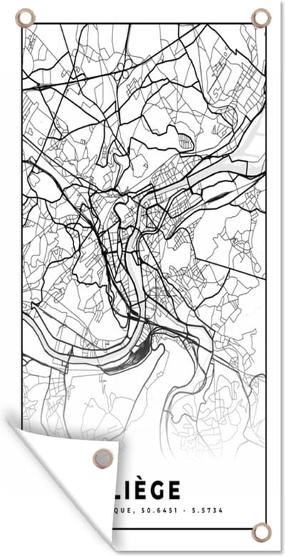 Schuttingposter België – Luik – Stadskaart – Kaart – Zwart Wit – Plattegrond - 100x200 cm - Tuindoek