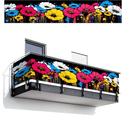 Balkonscherm 500x100 cm - Balkonposter Graffiti - Bloemen - Kleur - Balkon scherm decoratie - Balkonschermen - Balkondoek zonnescherm