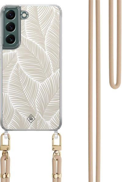 Casimoda® hoesje met beige koord - Geschikt voor Samsung S22 Plus - Palm Leaves Beige - Afneembaar koord - TPU/polycarbonaat - Bruin/beige