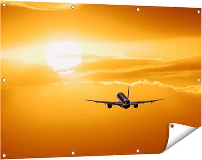 Gards Tuinposter Vliegtuig bij Zonsondergang - 120x80 cm - Tuindoek - Tuindecoratie - Wanddecoratie buiten - Tuinschilderij