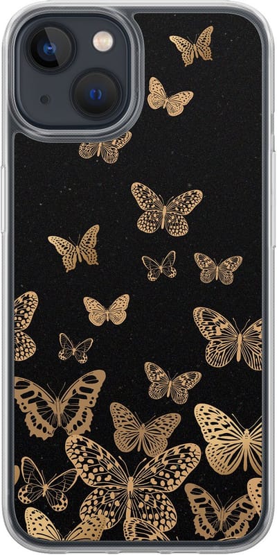 Hoesje geschikt voor iPhone 13 - Vlinders - 2in1 backcover - Print / Illustratie - Zwart, Goud - Leuke Telefoonhoesjes