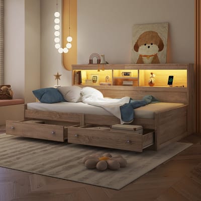 Dagbed, 90*200 cm, Slaapbank, Kinderbed, Nachtkastje, Bed met 2 USB-poorten en 2 Oplaadpunten, Sfeerverlichting, Bed met twee Lades, Bed met Lattenbodem (zonder matras), Spaanplaat-NatuurlijkA