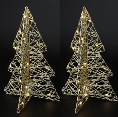 Countryfield Lichtboompjes/kerstboompjes - 2x - H31 cm - goud - metaal - 20 leds