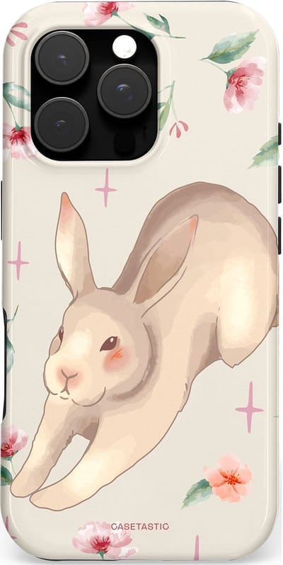 Casetastic hoesje geschikt voor Apple iPhone 16 Pro - MagSafe - Dubbellaagse bescherming - Lief konijntje - Fashion Case - Lichtgrijs Zand