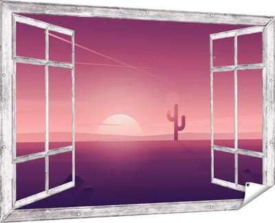 Gards Tuinposter Doorkijk Zonsondergang in de Woestijn met een Cactus - 180x120 cm - Tuindoek - Tuindecoratie - Wanddecoratie buiten - Tuinschilderij