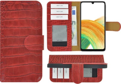 MoDo hoesje Geschikt voor Samsung Galaxy A34 - Echt Leer Book Case - Croco Rood