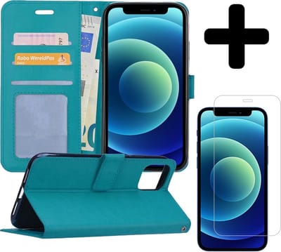 Hoesje - Met Screenprotector - Geschikt voor Apple iPhone 12 - Luxe Pasjeshouder - Flipcase - Bookcase Portemonee - Flip Case - Kunstleer Book Case - Book Cover - Walletcase - Portemonneehoes - Telefoonhoes - Turquoise