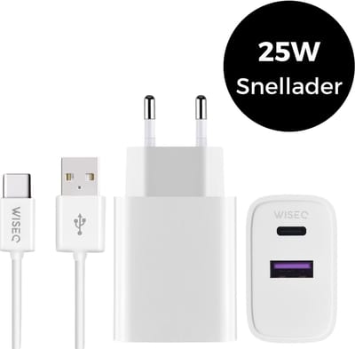 20W Snellader met USB A naar USB C oplaadkabel 1 meter - Dubbele Poorten oplader met USB A en USB C aansluiting - wit - WiseQ