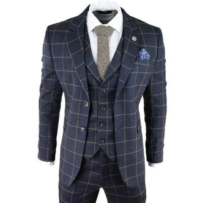 Heren Marineblauwe Geruite 3-delige Tweed Pak Peaky Blinders 1920s Gatsby Tailored Fit