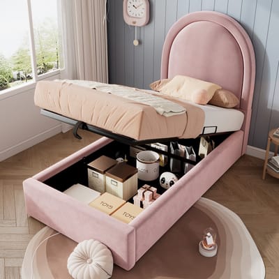 DESMIU Gestoffeerd Bed 90x200cm – Eenpersoonsbed Met Hydraulische Opbergruimte – Stevig Kinderbed Met Hoofdbord – Voor Slaapkamer En Kinderkamer – Fluweel – Roze – Zonder Matras