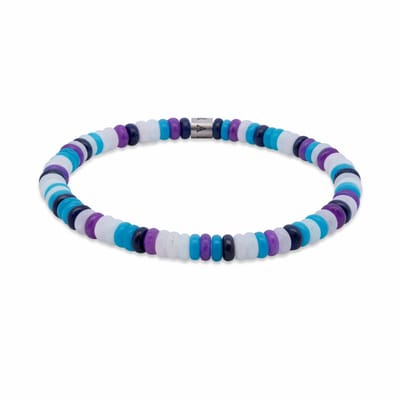 7FB-0807 – Frank 1967 – Heren Armband – Kralenarmband – Wit, Lichtblauw, Donkerpaars & Donkerblauw – Zilverkleurig