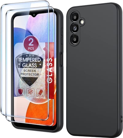 Hoesje Geschikt Voor Samsung Galaxy A14 Hoesje siliconen Zwart zacht siliconen hoesje TPU backcover - Met Screenprotector - 2 stuks