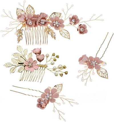 Set van 4 Gouden Haarcombs voor Bruiden met Strass en Roze Bloemen - Haaraccessoires voor Bruiloften en Feestjes