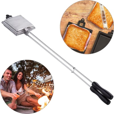 tosti ijzer camping - voor gas - greep 57 cm lang - tostiklem: 10x10 cm - zilver