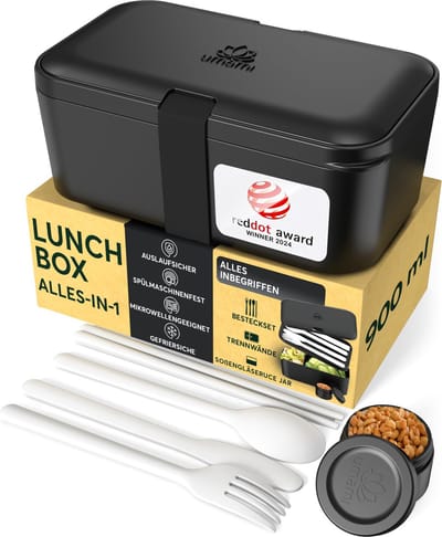 Umami® All-in-1 0,9L Bento Lunchbox Volwassenen met Bestek (Bentobox Onyx Zwart), Sauscontainers als lunchboxen Salade - Snack Bento Box, lekvrije Lunch Box - Brooddoos met Compartimenten voor Maaltijdbereiding - Broodtrommel